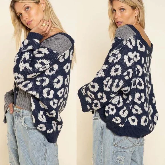 NEW POL Mix Leopard Cable Knit Deep V Neck Oversize Slouchy Pullover Sweater Top - Picture 5 of 10